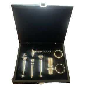 Silver Wine Pouring and Serving 7 Piece Wooden Box Set